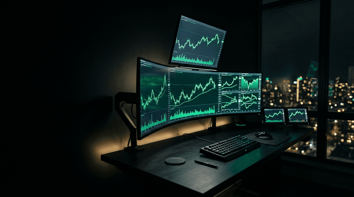 A trader's workstation lit by green charts at night